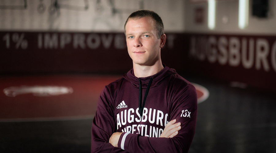 Tony Valek ’12, ’14 MAL in the Alan and Gloria Rice Wrestling Center within Kennedy Center, Augsburg's athletic building